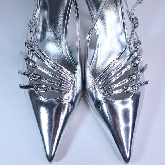 JEFFREY CAMPBELL Lash Sling Back Heel Metallic Silver Buckle Strap Women's 5.5 - Picture 5 of 10
